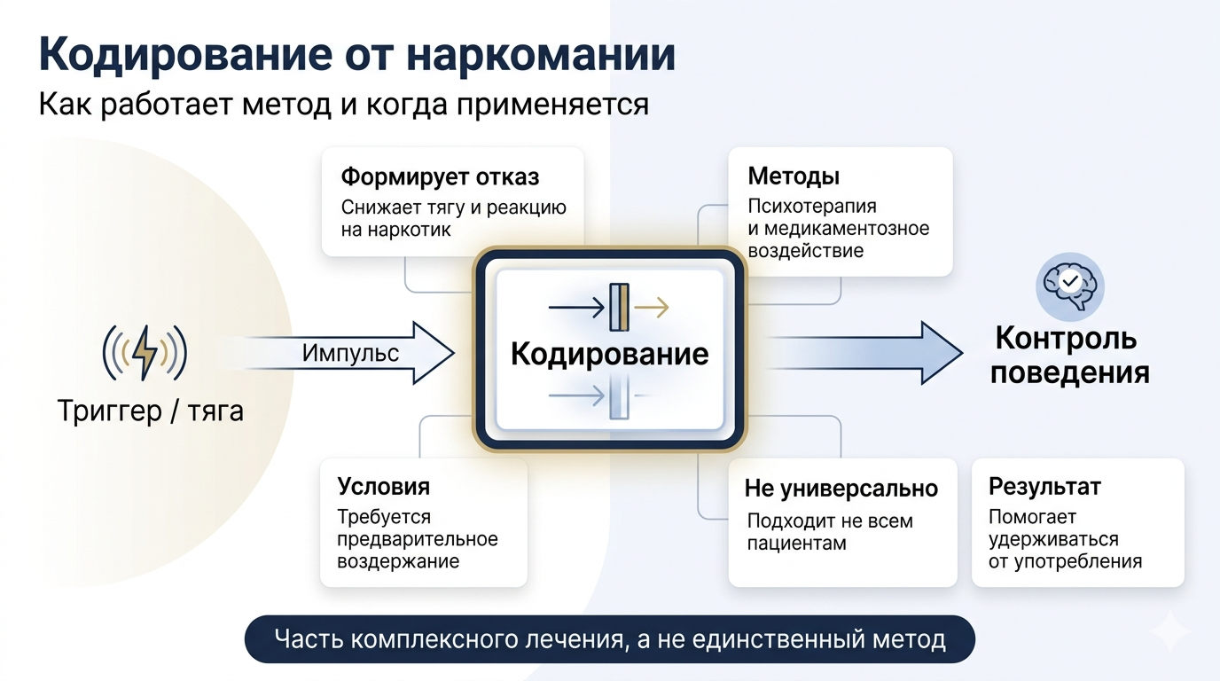Инфографика со схемой действия, методами и условиями процедуры кодирования от наркомании.
